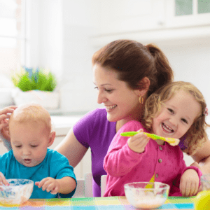 Episode art for episode "#4: Feeding Kids During a Pandemic". Pictured is a mother eating with her two children.