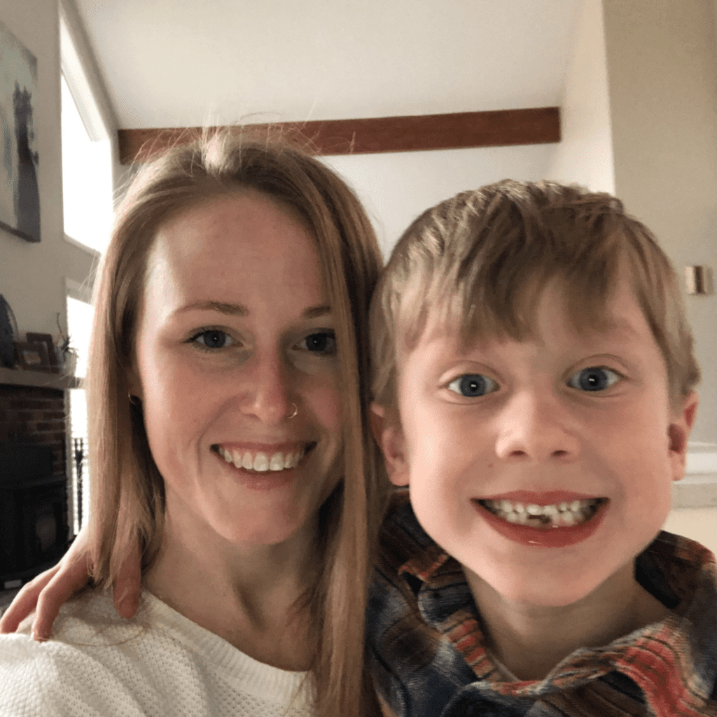 Episode art for episode "#50: Gardening with Kids: The benefits and how to get started now." Pictured is Caitlin Feltham, dietetic intern at My Little Eater™, and her son.