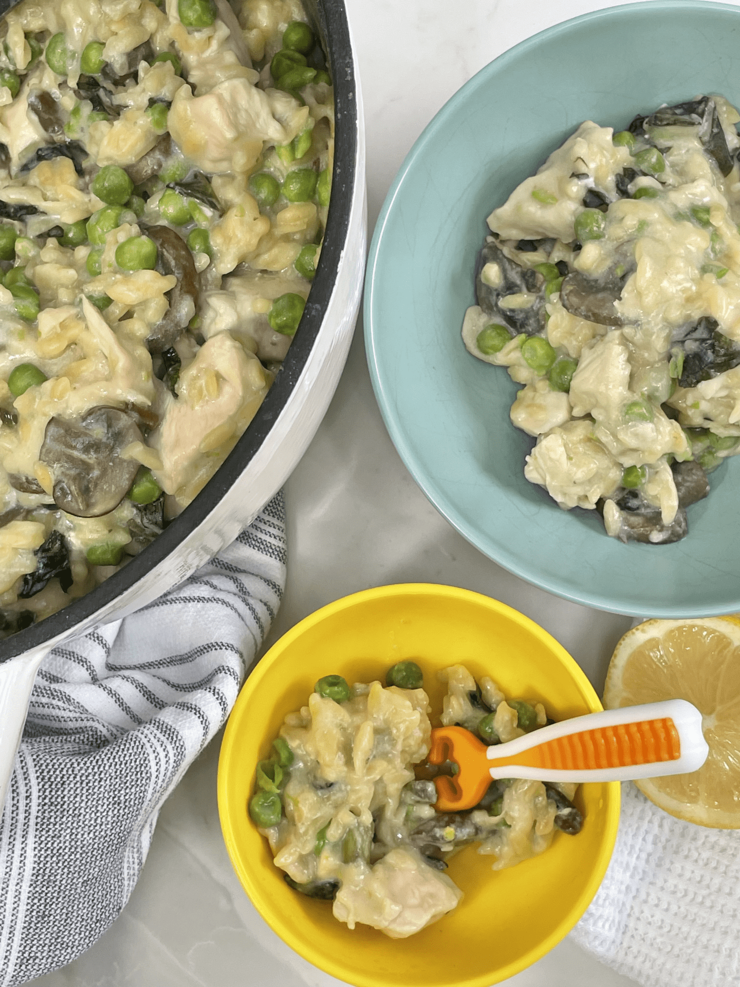 One pot healthy mushroom orzo recipe, served for babies doing baby led weaning and toddlers.